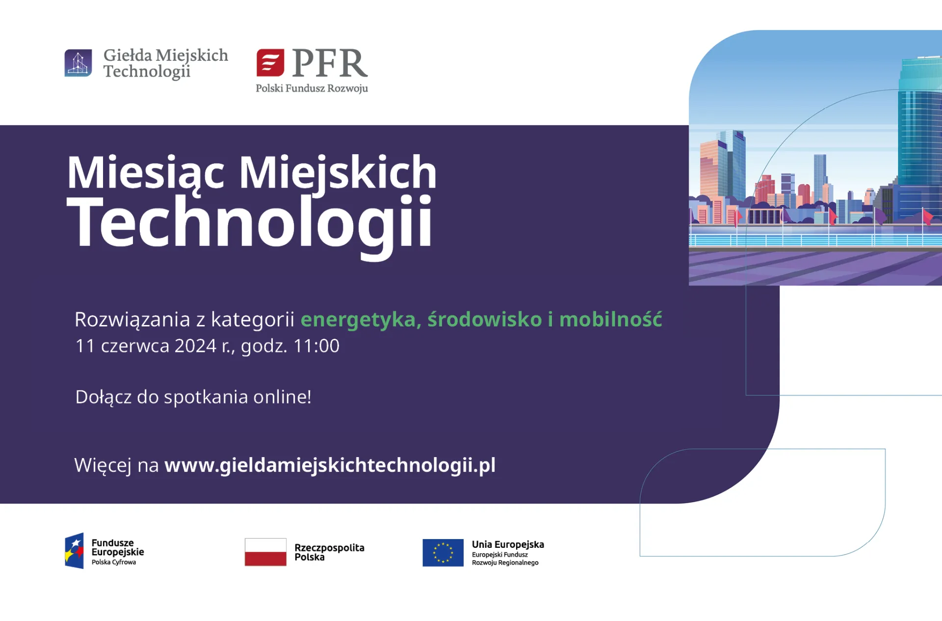 Grafika promująca Miesiąc Miejskich Technologii, webinarium z kategorii energia, środowisko i mobilność