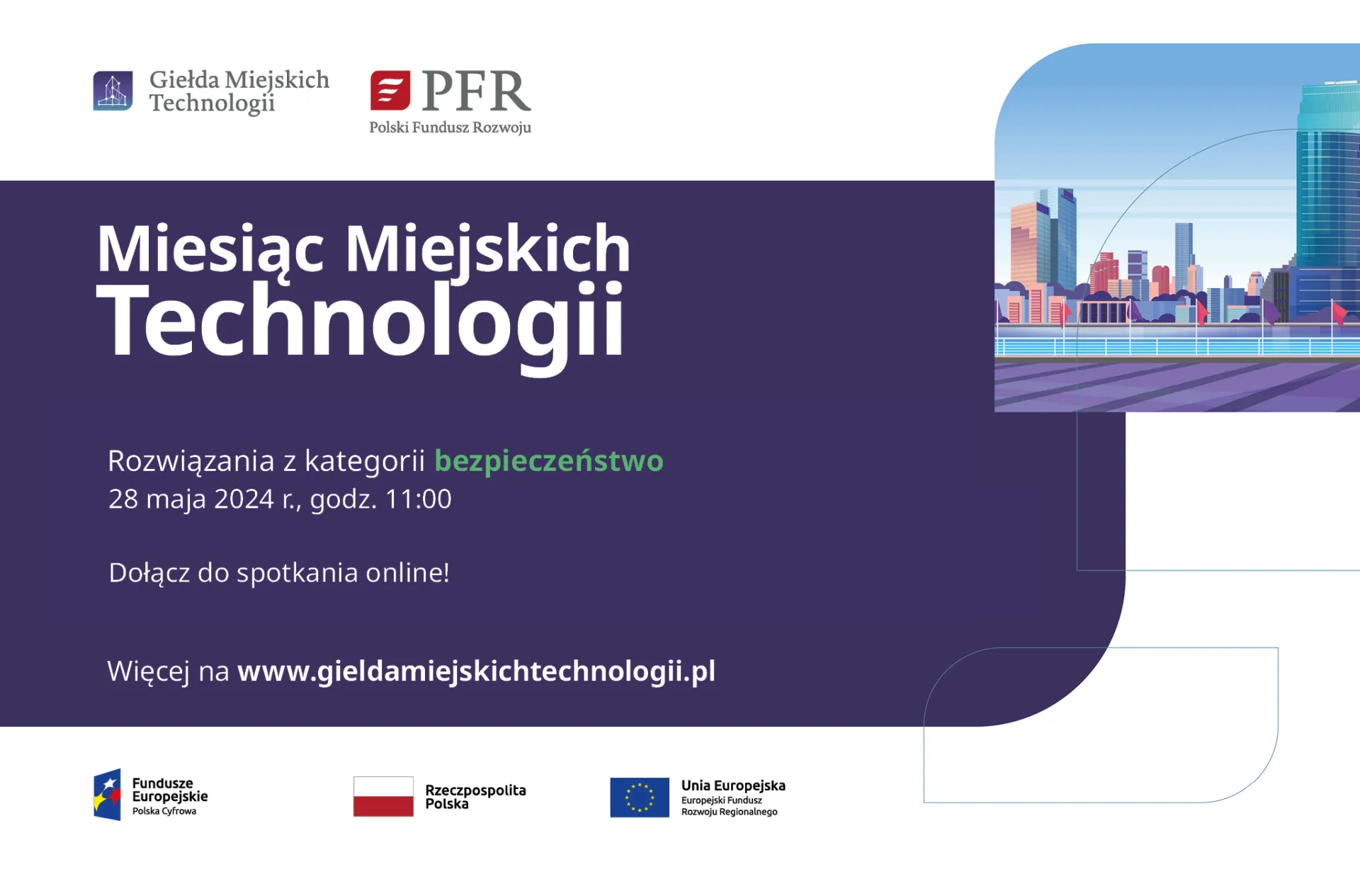 Grafika promująca Miesiąc Miejskich Technologii, webinarium z kategorii bezpieczenstwo