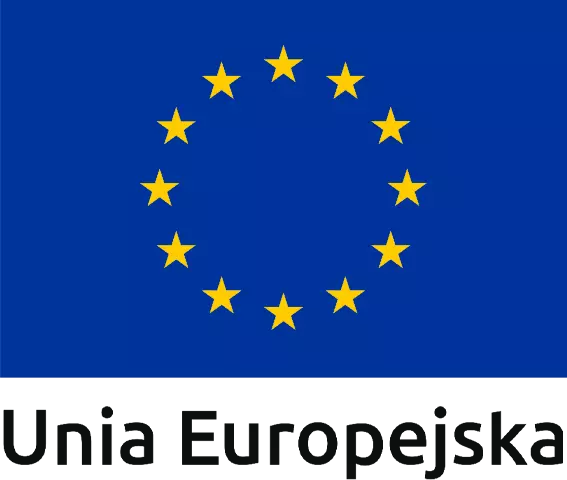 Flaga Unii europejskiej z podpisem "Unia Europejska" pod spodem